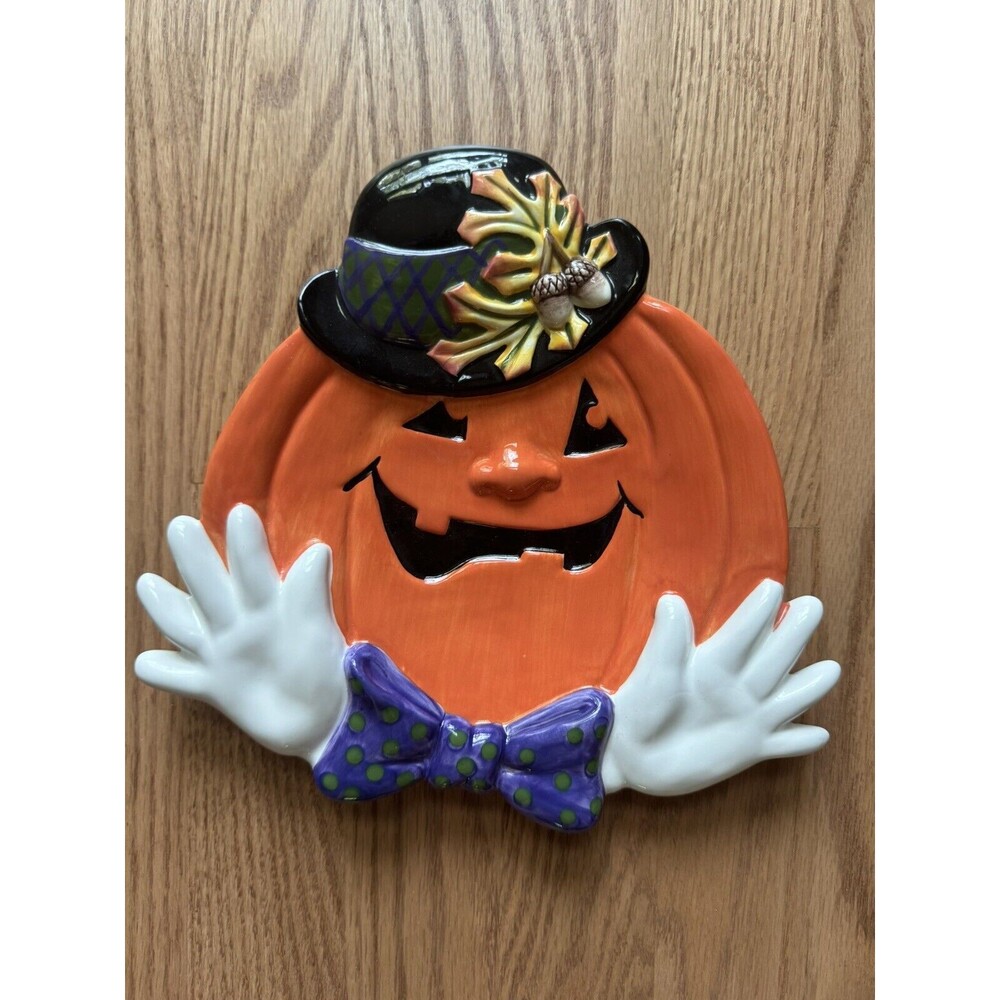 Fitz & Floyd Halloween Jack-O-Lantern Pumpkin Face Hands & Derby Hat Plate‎